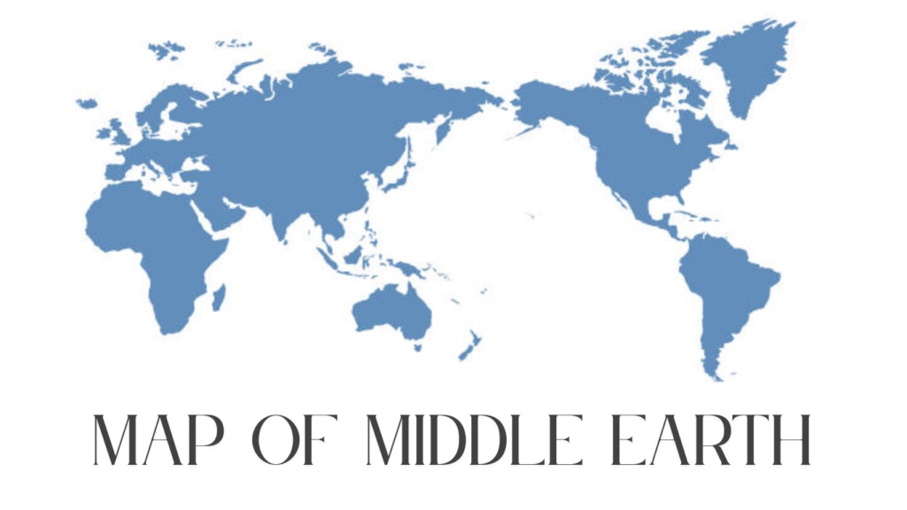 Illustrated map of Middle earth highlighting major locations from Tolkien’s epic fantasy world.